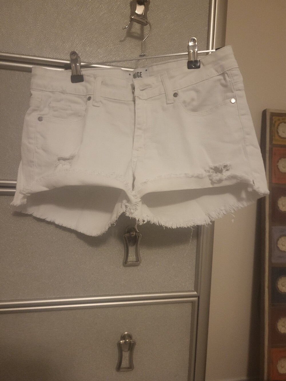 PAIGE White Frayed Hem Distressed Denim Shorts